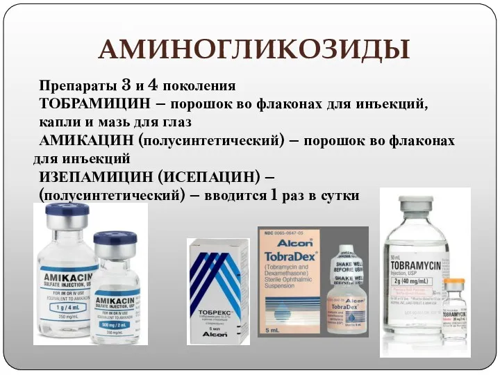 АМИНОГЛИКОЗИДЫ Препараты 3 и 4 поколения ТОБРАМИЦИН – порошок во флаконах для инъекций,
