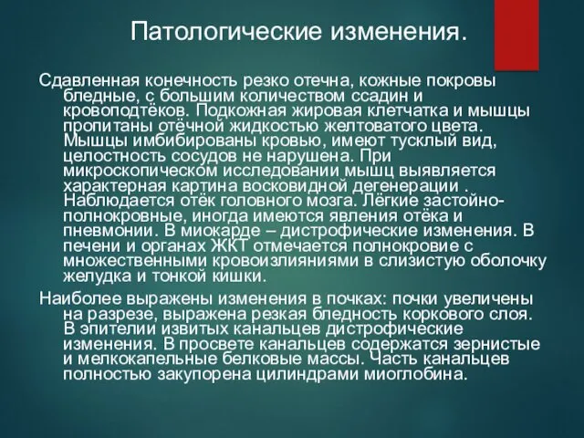 Патологические изменения. Сдавленная конечность резко отечна, кожные покровы бледные, с