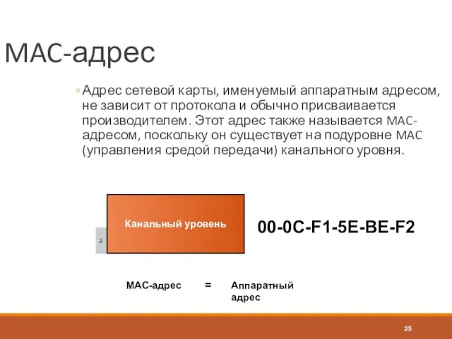 MAC-адрес Адрес сетевой карты, именуемый аппаратным адресом, не зависит от протокола и обычно