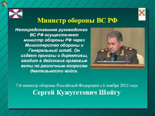 Министр обороны ВС РФ Непосредственное руководство ВС РФ осуществляет министр