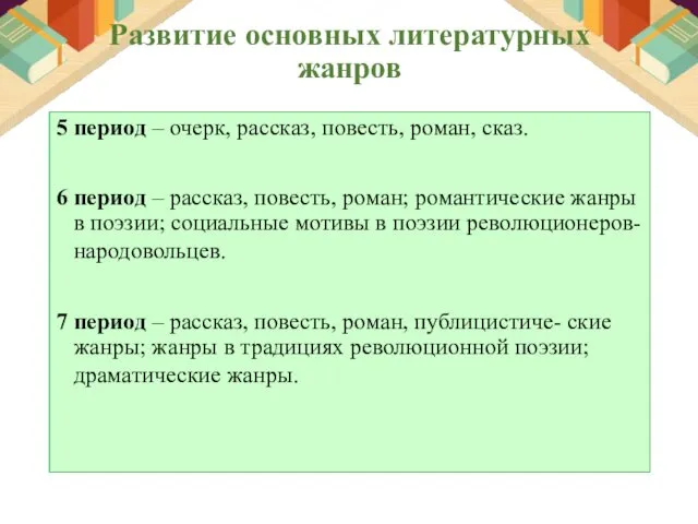 Развитие основных литературных жанров 5 период – очерк, рассказ, повесть,