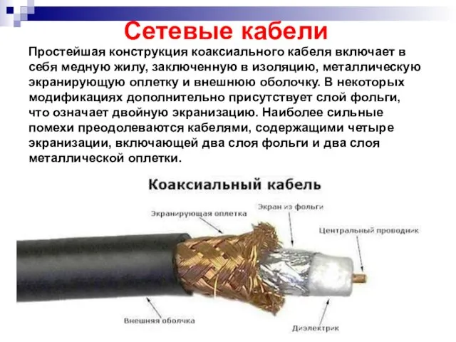 Простейшая конструкция коаксиального кабеля включает в себя медную жилу, заключенную