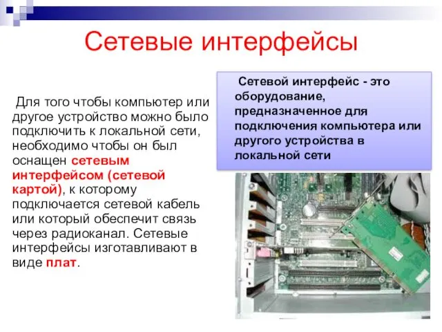 Сетевые интерфейсы Для того чтобы компьютер или другое устройство можно