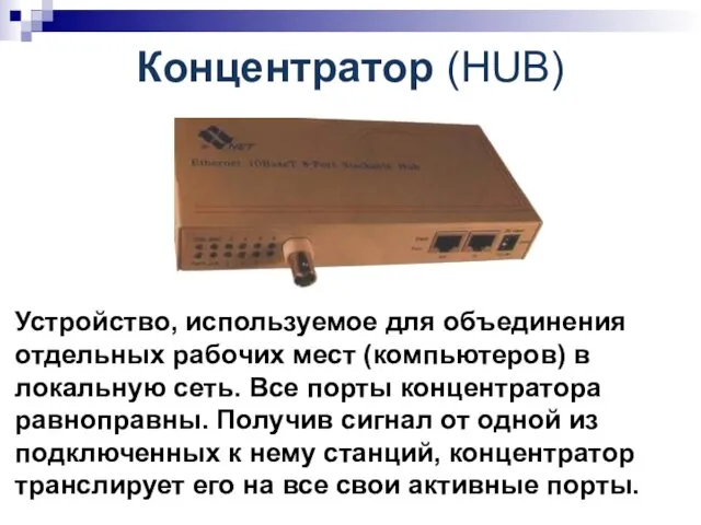 Концентратор (HUB) Устройство, используемое для объединения отдельных рабочих мест (компьютеров)