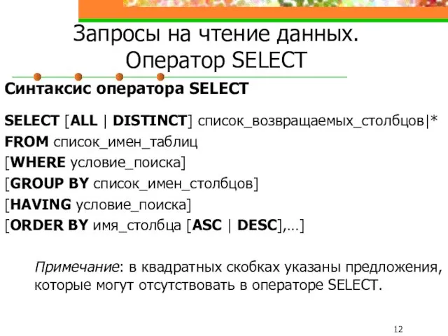 Запросы на чтение данных. Оператор SELECT Синтаксис оператора SELECT SELECT