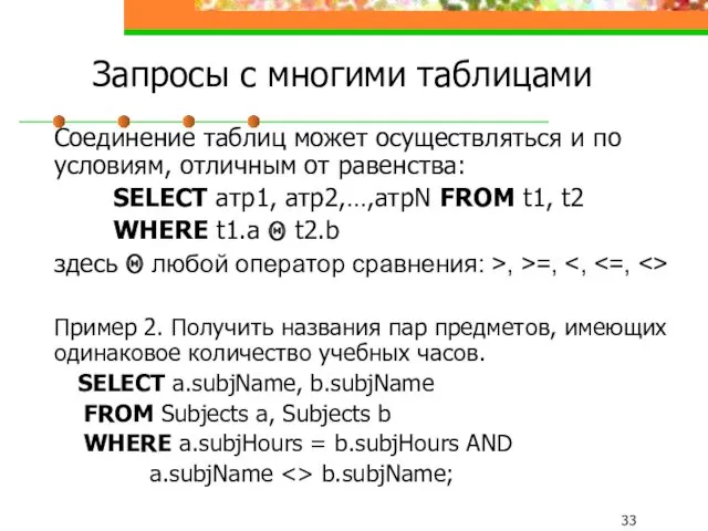 Запросы с многими таблицами Соединение таблиц может осуществляться и по