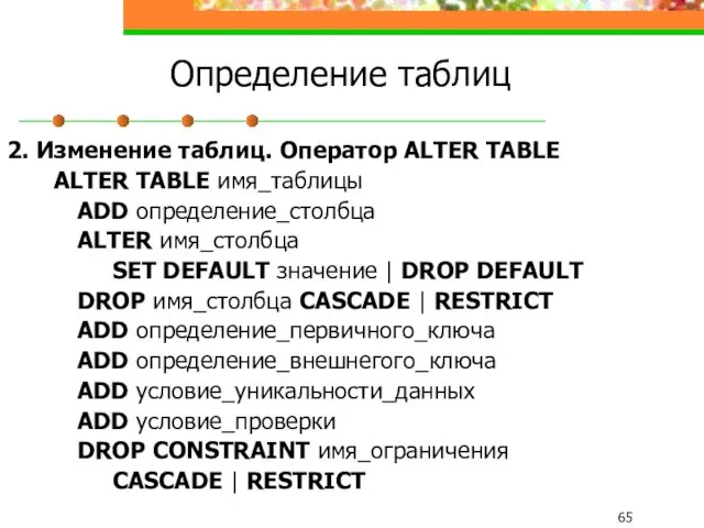 Определение таблиц 2. Изменение таблиц. Оператор ALTER TABLE ALTER TABLE