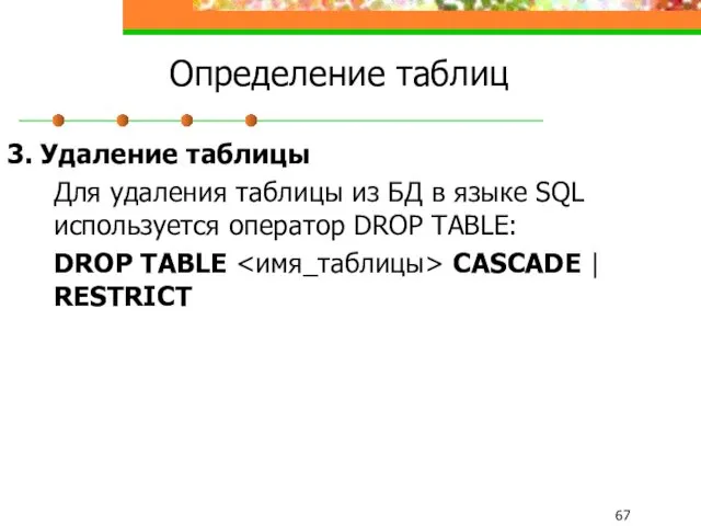 Определение таблиц 3. Удаление таблицы Для удаления таблицы из БД