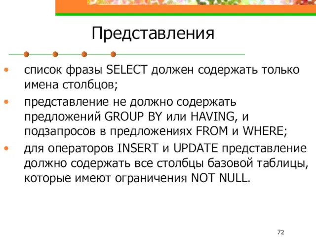 Представления список фразы SELECT должен содержать только имена столбцов; представление