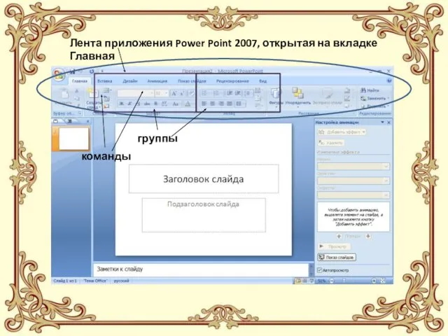 Лента приложения Power Point 2007, открытая на вкладке Главная группы команды