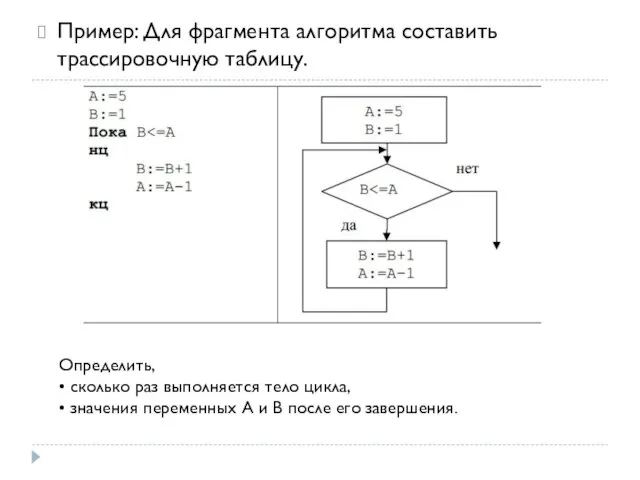 Пример: Для фрагмента алгоритма составить трассировочную таблицу. Определить, • сколько