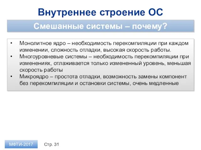 Внутреннее строение ОС МФТИ-2017 Смешанные системы – почему? Монолитное ядро