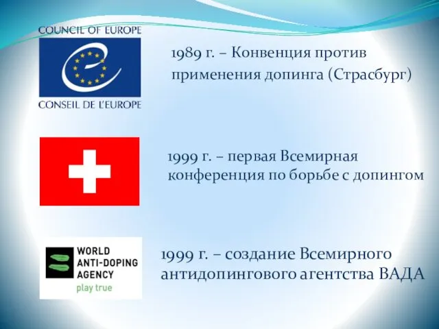 1989 г. – Конвенция против применения допинга (Страсбург) 1999 г.