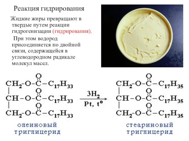 Жидкие жиры превращают в твердые путем реакции гидрогенизации (гидрирования). При