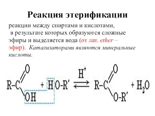 Реакция этерификации реакции между спиртами и кислотами, в результате которых