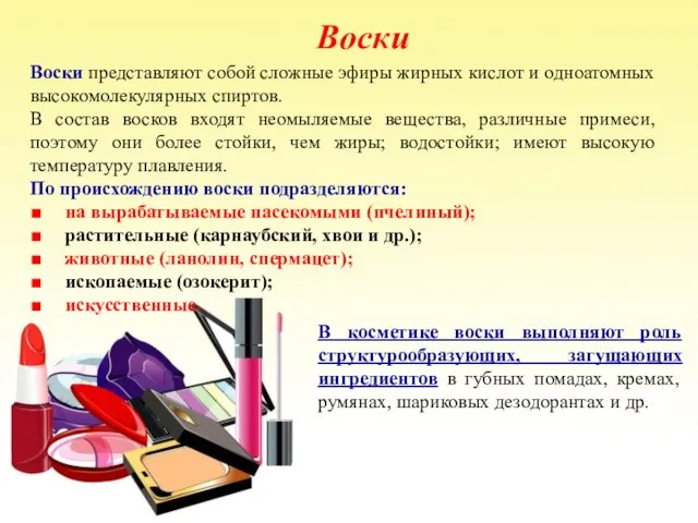 Воски представляют собой сложные эфиры жирных кислот и одноатомных высокомолекулярных