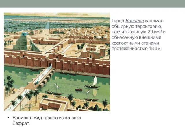 Город Вавилон занимал обширную территорию, насчитывавшую 20 км2 и обнесенную