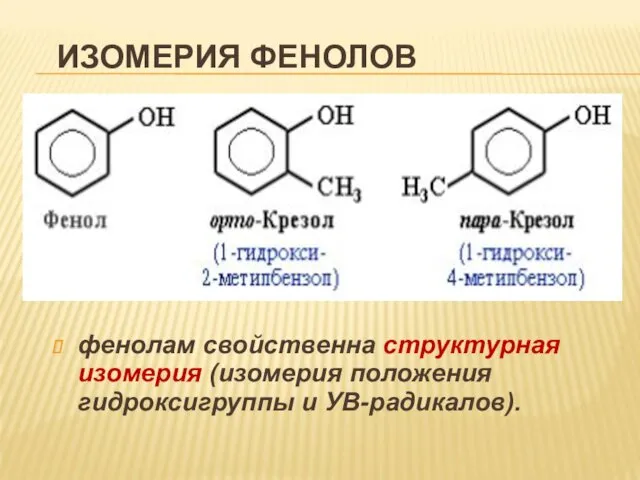 ИЗОМЕРИЯ ФЕНОЛОВ фенолам свойственна структурная изомерия (изомерия положения гидроксигруппы и УВ-радикалов).