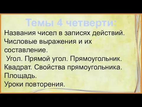 Темы 4 четверти: Названия чисел в за­писях дей­ствий. Числовые выражения