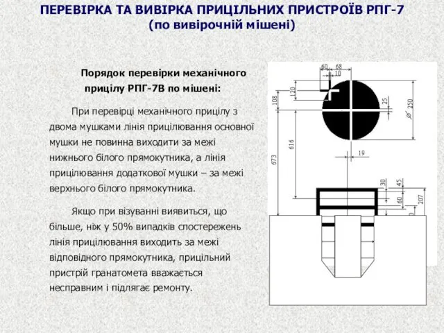 ПЕРЕВІРКА ТА ВИВІРКА ПРИЦІЛЬНИХ ПРИСТРОЇВ РПГ-7 (по вивірочній мішені) Порядок перевірки механічного прицілу