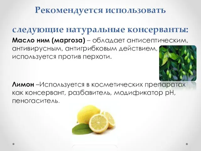 Рекомендуется использовать следующие натуральные консерванты: Масло ним (маргоза) – обладает