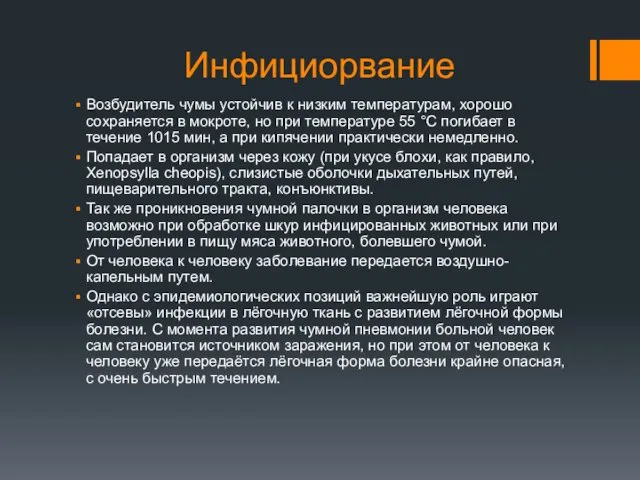 Инфициорвание Возбудитель чумы устойчив к низким температурам, хорошо сохраняется в