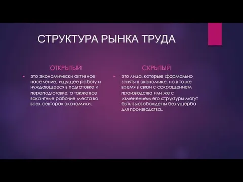 СТРУКТУРА РЫНКА ТРУДА ОТКРЫТЫЙ это экономически активное население, ищущее работу