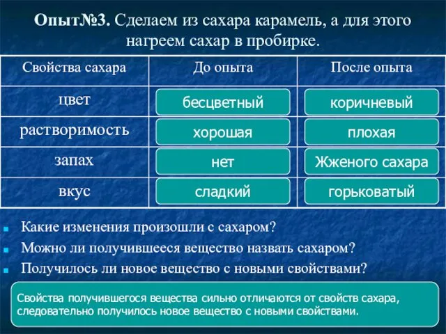 Опыт№3. Сделаем из сахара карамель, а для этого нагреем сахар