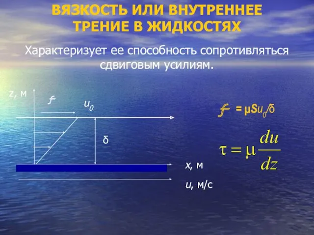 ВЯЗКОСТЬ ИЛИ ВНУТРЕННЕЕ ТРЕНИЕ В ЖИДКОСТЯХ Характеризует ее способность сопротивляться