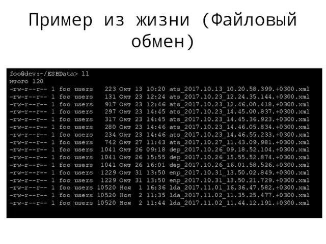 Пример из жизни (Файловый обмен) foo@dev:~/ESBData> ll итого 120 -rw-r--r--