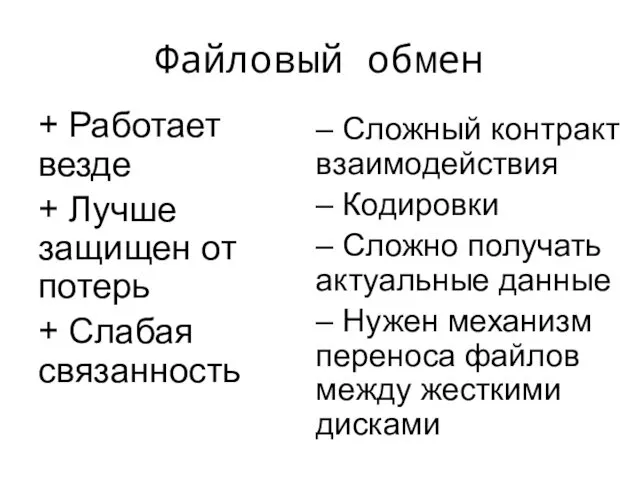 Файловый обмен + Работает везде + Лучше защищен от потерь