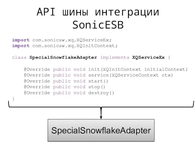 API шины интеграции SonicESB import com.sonicsw.xq.XQServiceEx; import com.sonicsw.xq.XQInitContext; class SpecialSnowflakeAdapter