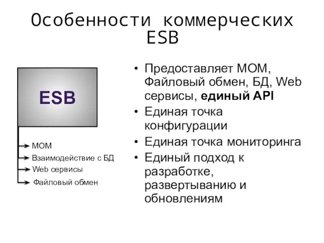 Особенности коммерческих ESB ESB Предоставляет MOM, Файловый обмен, БД, Web