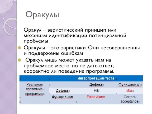 Оракулы Оракул – эвристический принцип или механизм идентификации потенциальной проблемы