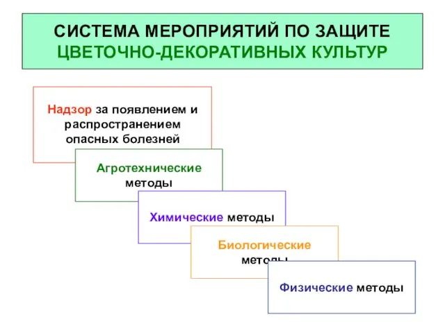 СИСТЕМА МЕРОПРИЯТИЙ ПО ЗАЩИТЕ ЦВЕТОЧНО-ДЕКОРАТИВНЫХ КУЛЬТУР Агротехнические методы Химические методы