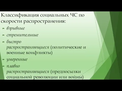 Классификация социальных ЧС по скорости распространения: взрывные стремительные быстро распространяющиеся