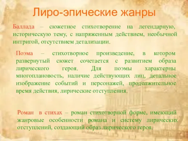 Лиро-эпические жанры Баллада – сюжетное стихотворение на легендарную, историческую тему,