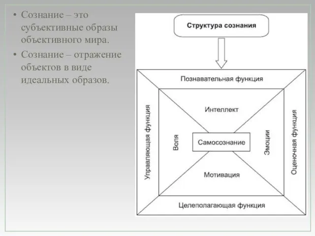 Сознание – это субъективные образы объективного мира. Сознание – отражение объектов в виде идеальных образов.