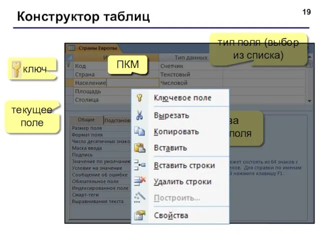 Конструктор таблиц текущее поле тип поля (выбор из списка) свойства текущего поля