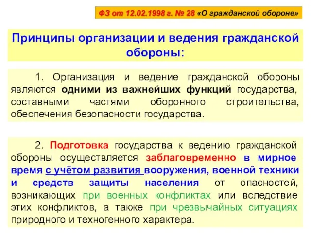 Принципы организации и ведения гражданской обороны: 1. Организация и ведение