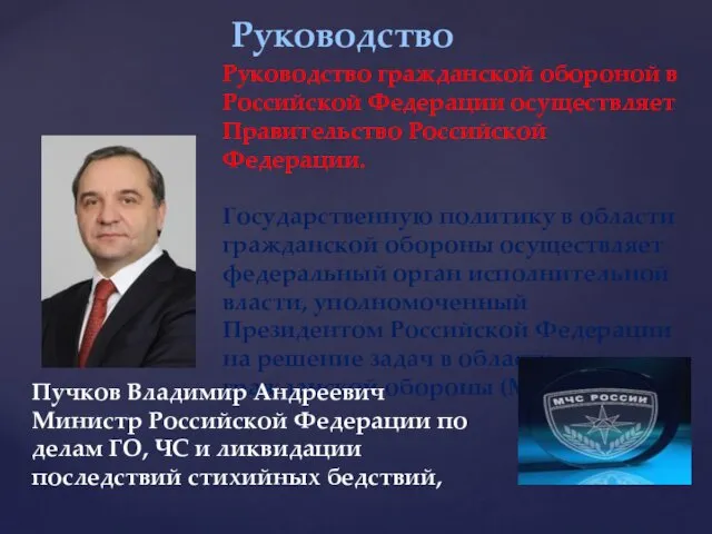 Руководство Руководство гражданской обороной в Российской Федерации осуществляет Правительство Российской