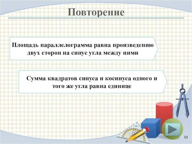 Повторение Площадь параллелограмма равна произведению двух сторон на синус угла