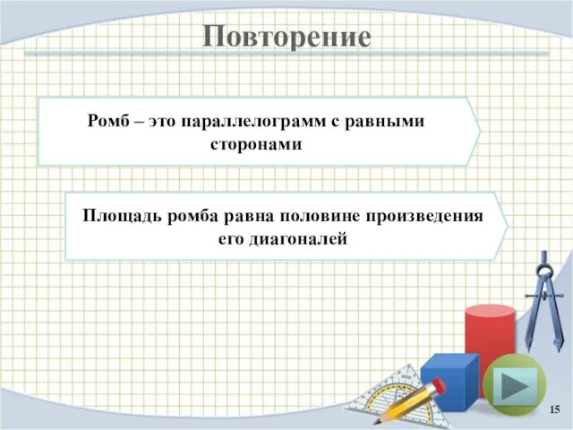 Повторение Площадь ромба равна половине произведения его диагоналей Ромб – это параллелограмм с равными сторонами