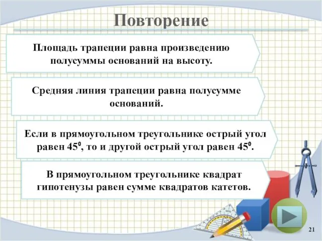 Повторение Площадь трапеции равна произведению полусуммы оснований на высоту. Средняя