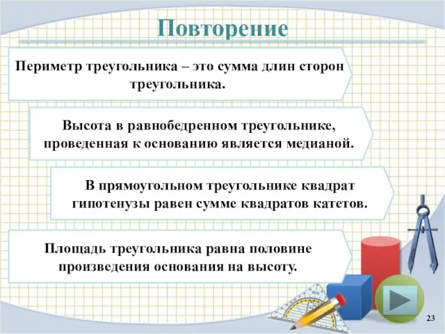 Повторение Периметр треугольника – это сумма длин сторон треугольника. Высота