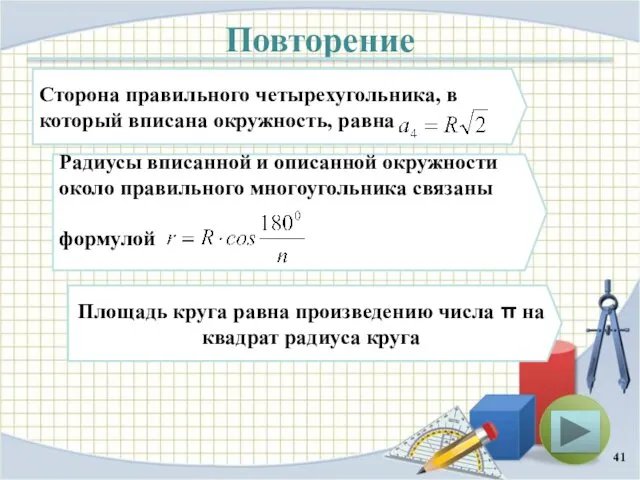 Повторение Сторона правильного четырехугольника, в который вписана окружность, равна Радиусы