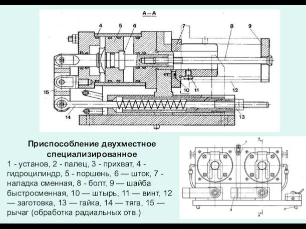 Приспособление двухместное специализированное 1 - установ, 2 - палец, 3 - прихват, 4