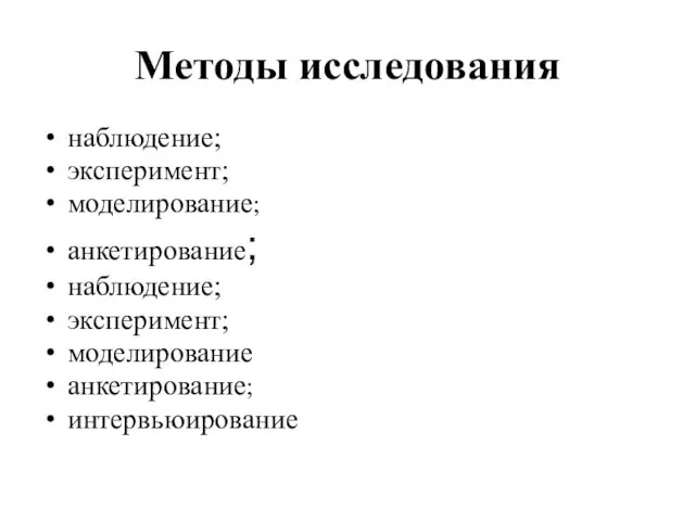 Методы исследования наблюдение; эксперимент; моделирование; анкетирование; наблюдение; эксперимент; моделирование анкетирование; интервьюирование