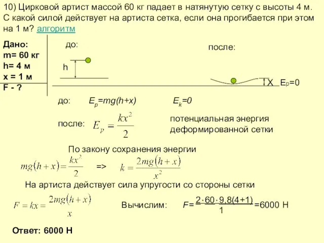 10) Цирковой артист массой 60 кг падает в натянутую сетку