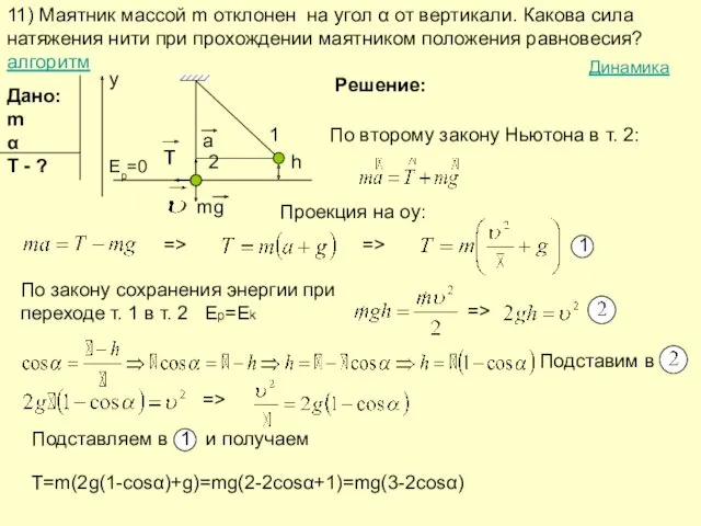 11) Маятник массой m отклонен на угол α от вертикали.